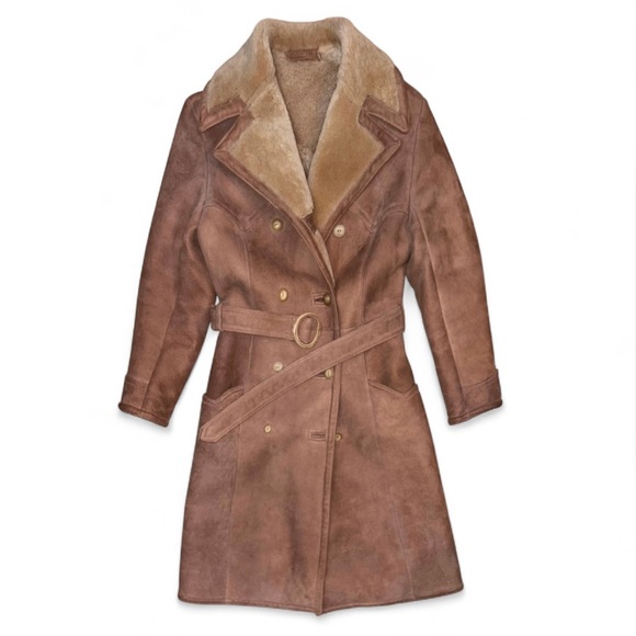 Vintage 70s Abercrombie & Fitch Tan Penny Lane Lamb Shearling Trench Coat Sz S/M - Picture 6 of 16